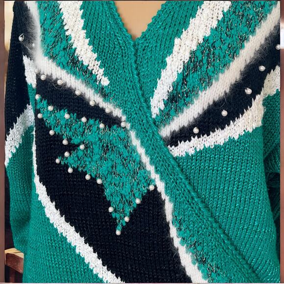 Vintage Sweater Geometric V Neck Green Glam by Sideffects M - Picture 5 of 9